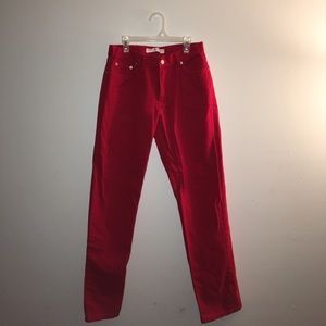 red straight leg jeans.