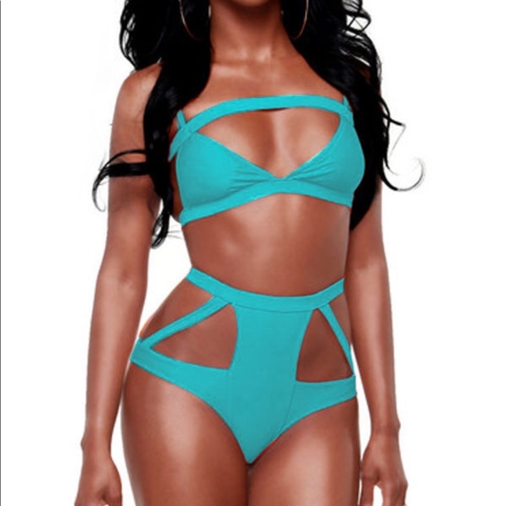 Teal Hollow out High-waisted Bikini set