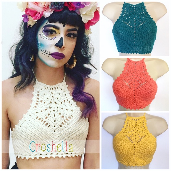 Vintage Style Crochet Halter Crop Top Hand Made - Picture 1 of 3