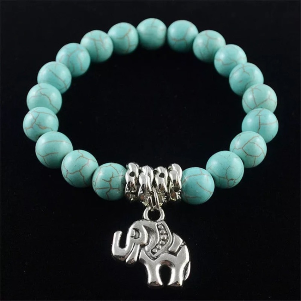 Blue turquoise w/ elephant charm elastic bracelet