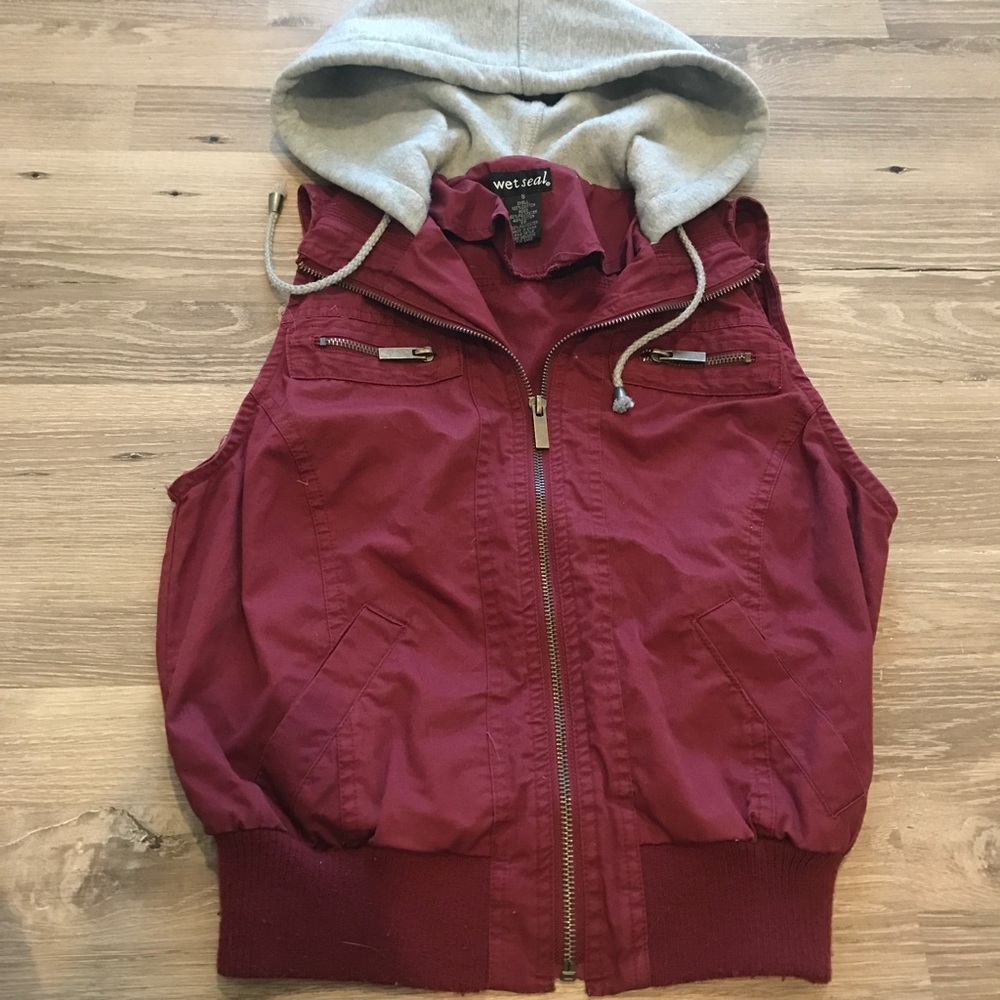 Maroon jean vest with hood