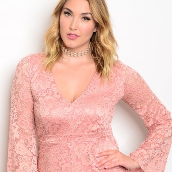 Blush Plus size VNeck long bell sleeve lace Romper - Picture 2 of 6