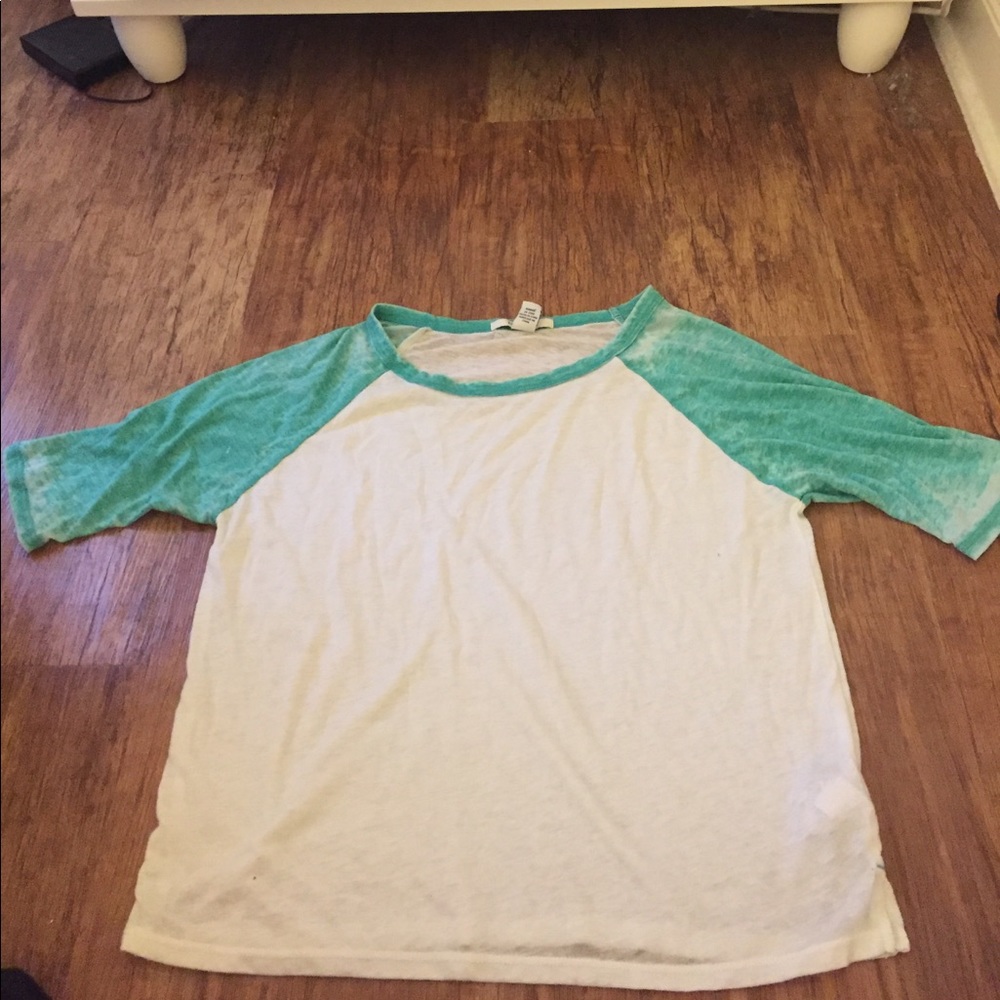 White and teal baseball tee
