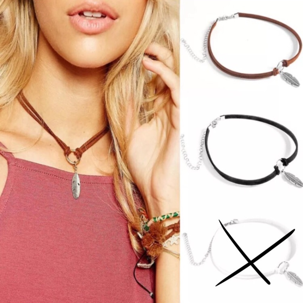 Brown or black choker with feather pendant