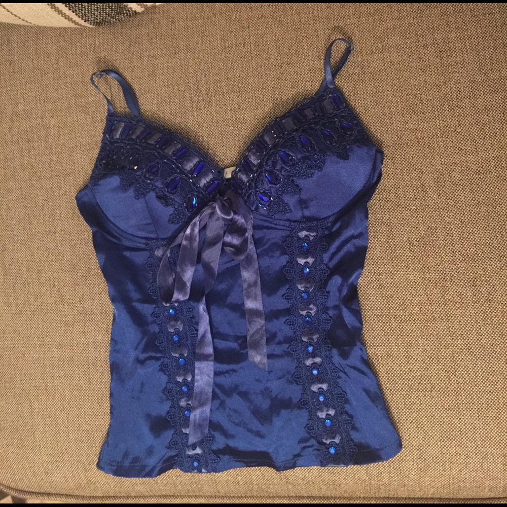 3 for $20 eligible! Royal blue tank with gems lace