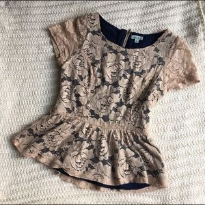 CLOSET CLOSING! Tan lace and navy peplum top