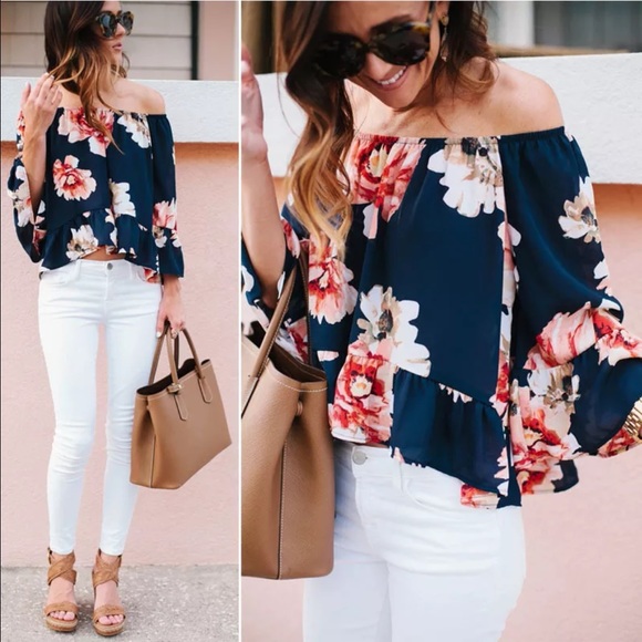 Tops - Off the Shoulders Floral Top with Ruffle Trim