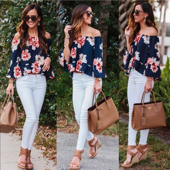 Off the Shoulders Floral Top with Ruffle Trim - Picture 2 of 3