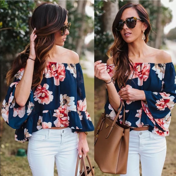Off the Shoulders Floral Top with Ruffle Trim - Picture 3 of 3