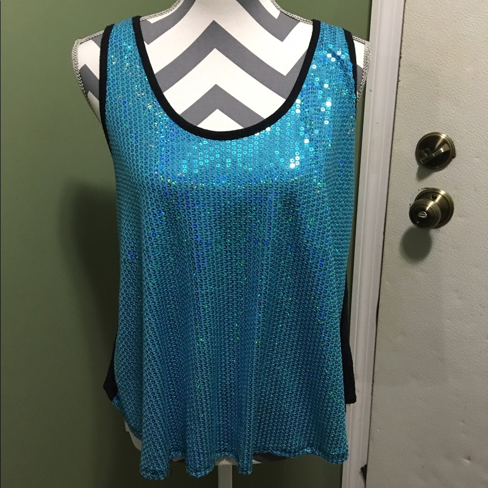 Teal Blue Sequined tank with black lace back