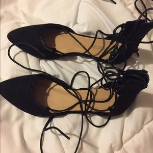 Strappy black suede flats