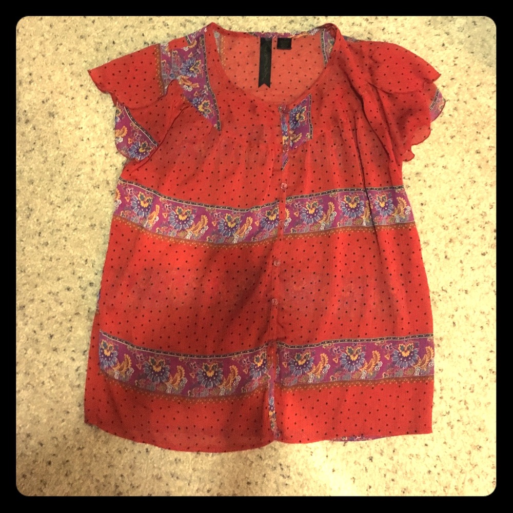Red and black polka dot and floral sheer top