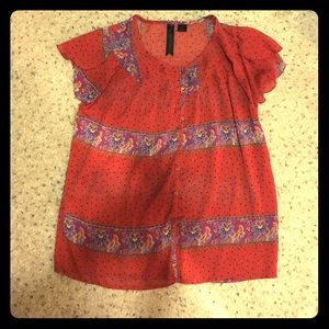 Red and black polka dot and floral sheer top