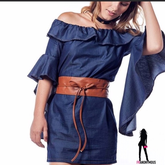 Carmen Off Shoulder Denim Dress w/Leather Belt - Picture 3 of 3