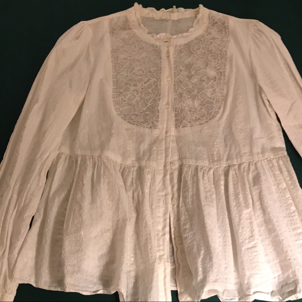 White w/ faint gold stripes blouse with embroider