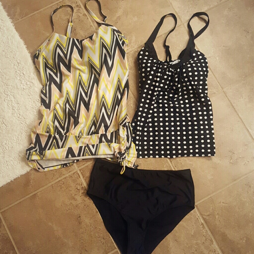 Two tankini tops, one black high rise bottom