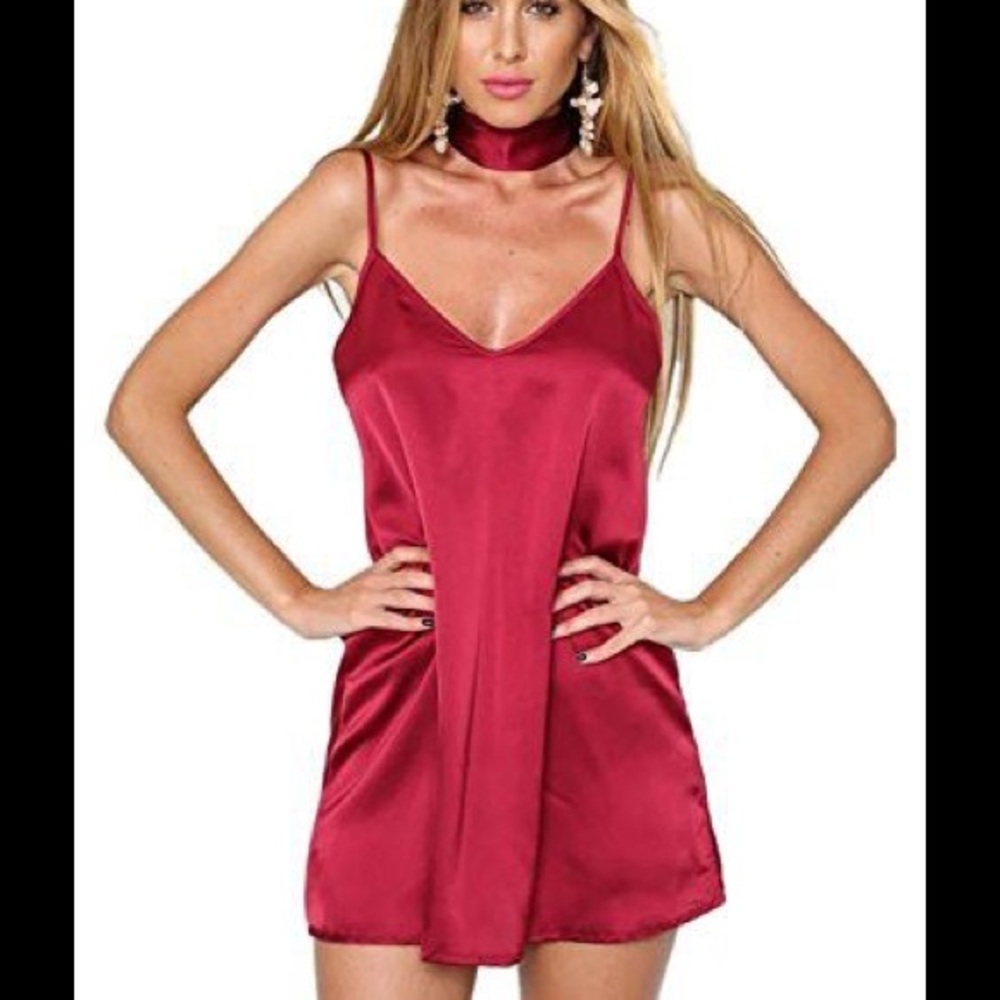 sexy plunge choker tie satin cami strap mini dress