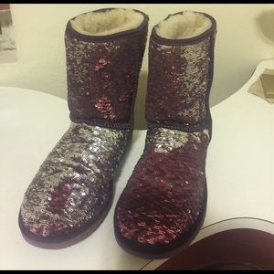 Uggs Maroon and silver 2 way sparkle boot size 8