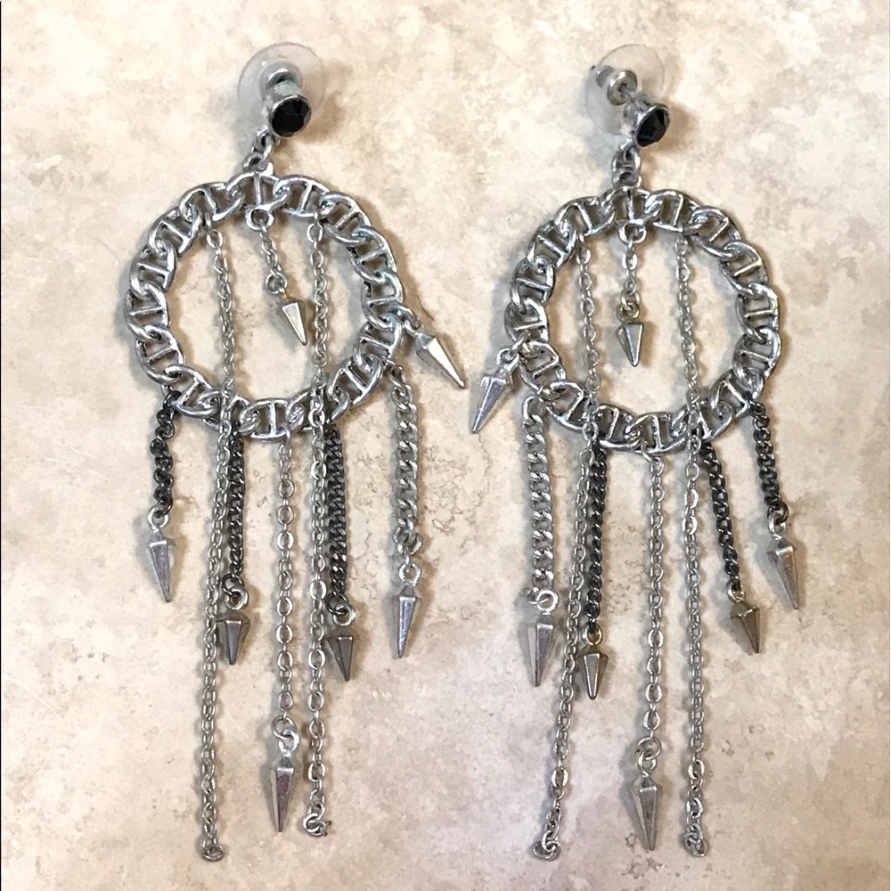 Silver dream catcher spike earrings