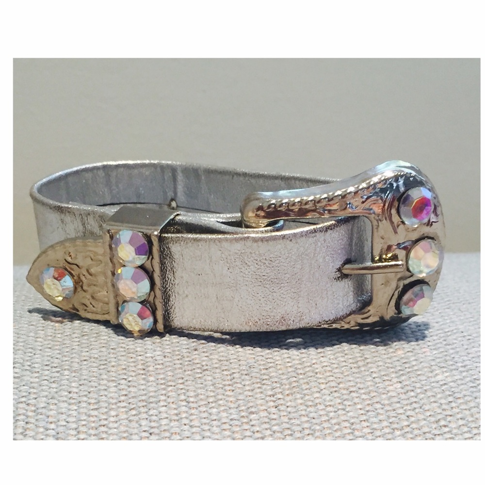 🚫SOLD 80s Bracelet Metallic Leather Rhinestone - Picture 1 of 8