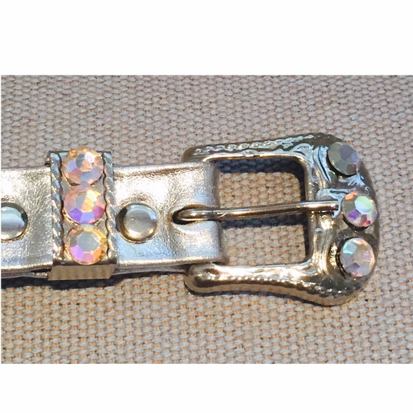 🚫SOLD 80s Bracelet Metallic Leather Rhinestone - Picture 2 of 8