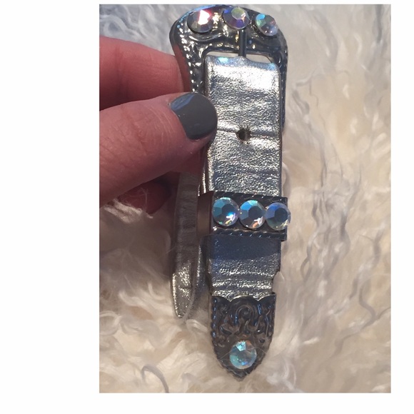 🚫SOLD 80s Bracelet Metallic Leather Rhinestone - Picture 4 of 8