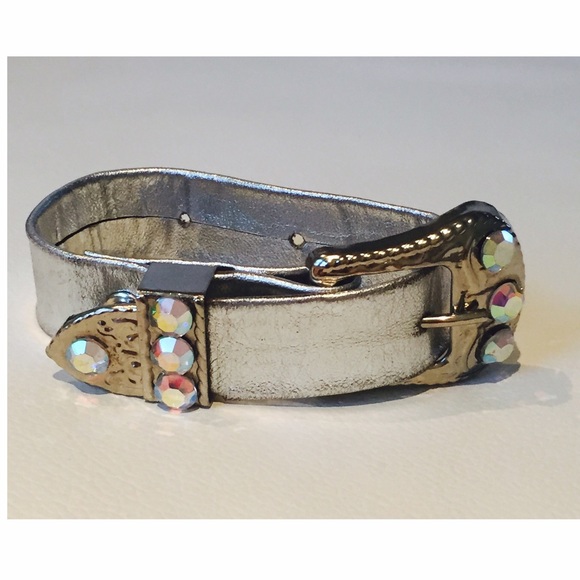 🚫SOLD 80s Bracelet Metallic Leather Rhinestone - Picture 6 of 8