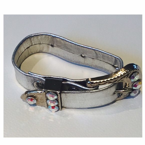 🚫SOLD 80s Bracelet Metallic Leather Rhinestone - Picture 7 of 8