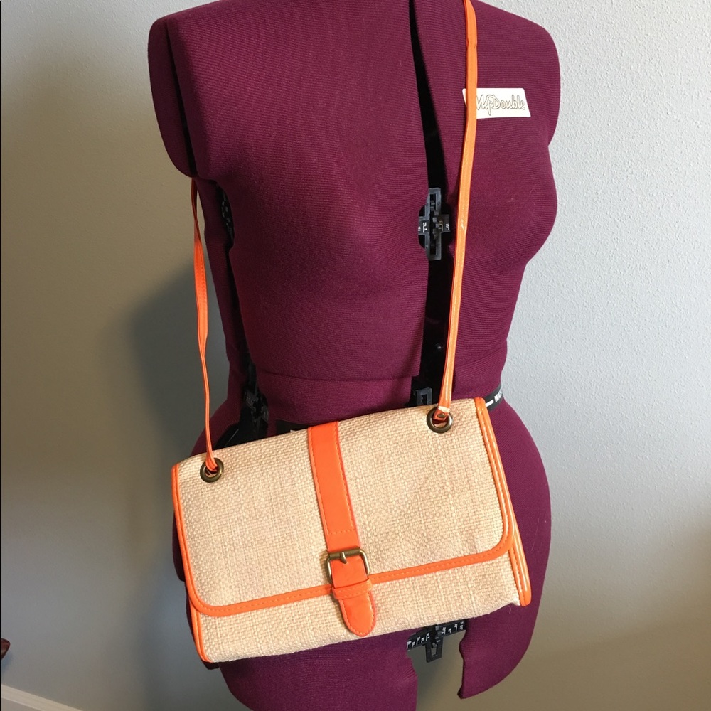 Straw Shoulder Handbag w/ Orange Trim