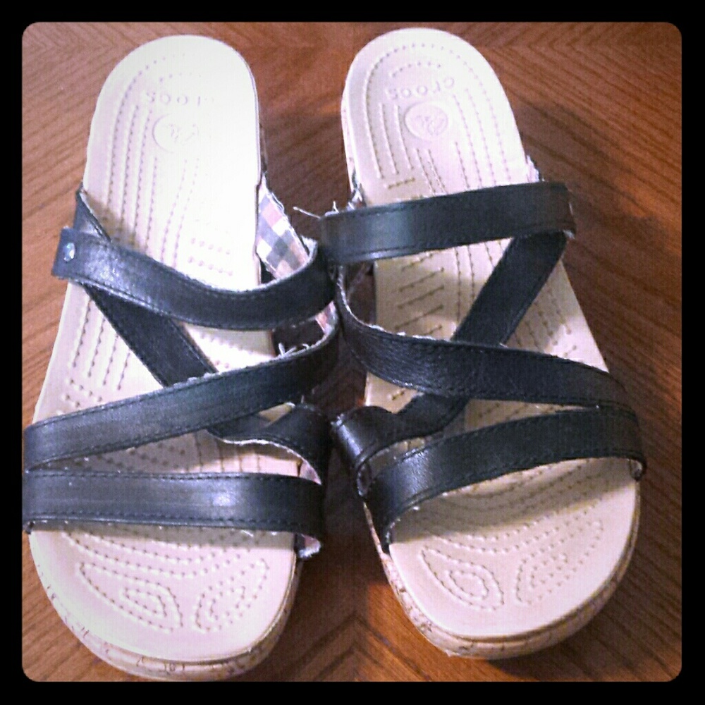Crocs black strappy wedge sandals