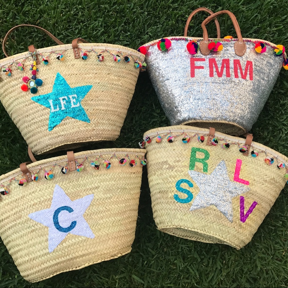 Custom Monogram straw totes or beach bag Pom Pom