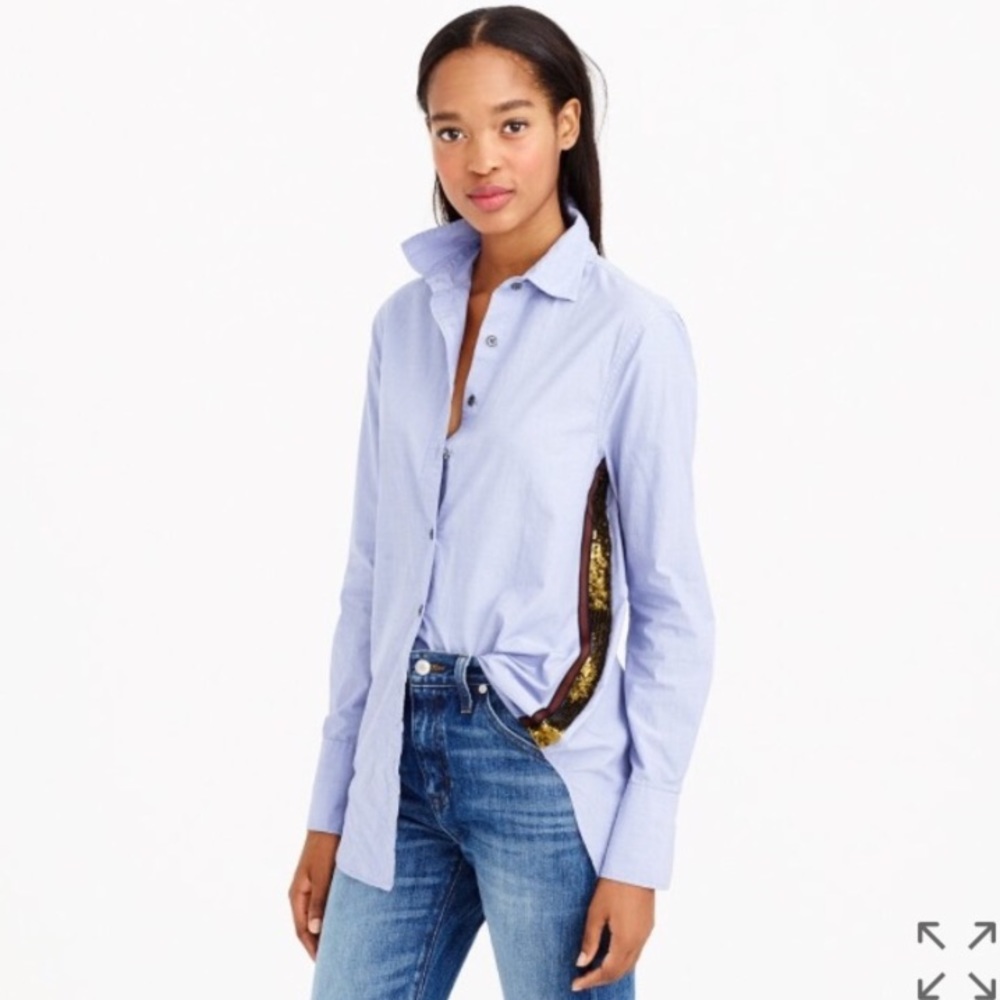 J Crew Blue Loose Tuxedo Shirt with Sequin Trim
