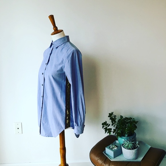 J Crew Blue Loose Tuxedo Shirt with Sequin Trim - Picture 2 of 7