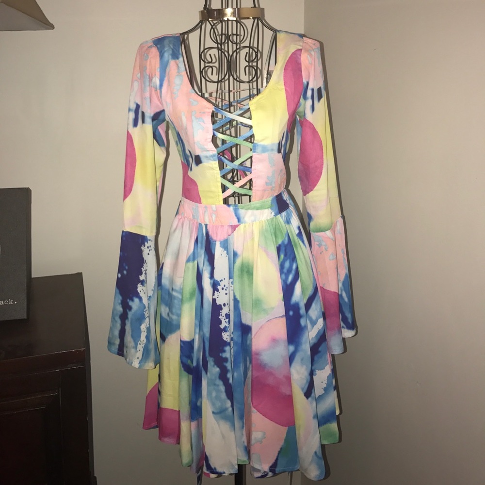 Watercolor laceup back bell sleeve low back dress