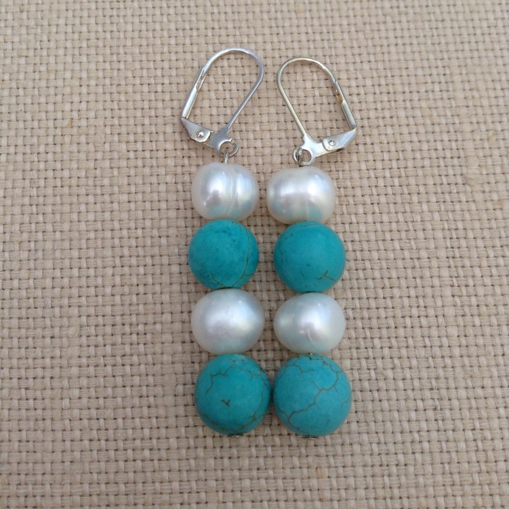 Freshwater pearl & turquoise bead earrings