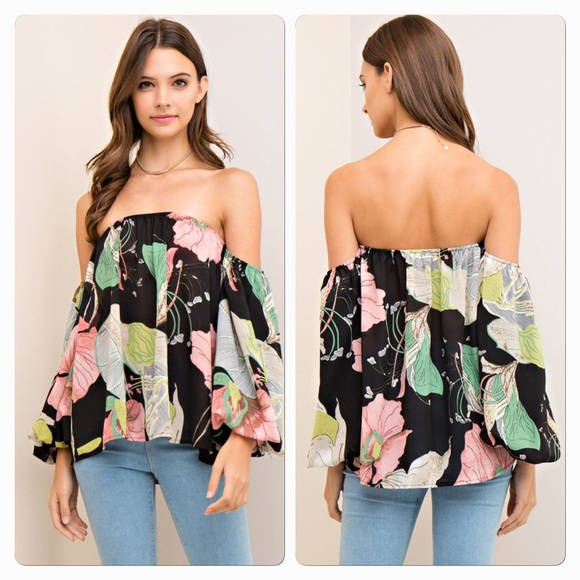 SALENWT Beautiful Bold Floral Print Off Shoulder - Picture 3 of 8