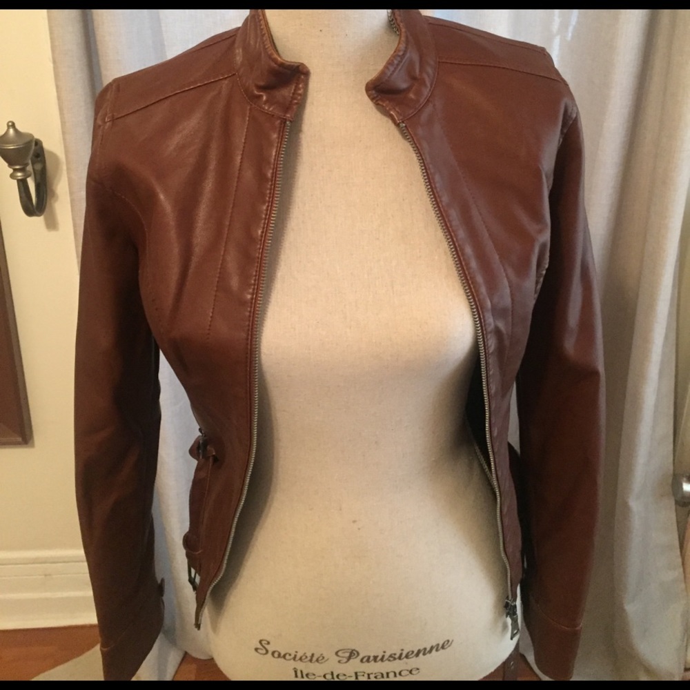 Brown Belted XS VEGAN LEATHER JACKET