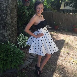 Sherri Hill Designer White & Black Polka Dot Dress