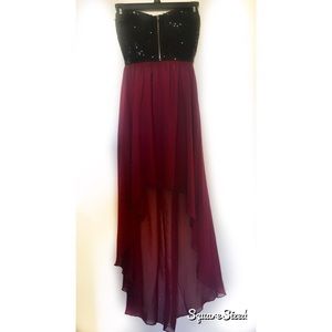 Windsor- Black Sequin and Maroon High-Low Dress