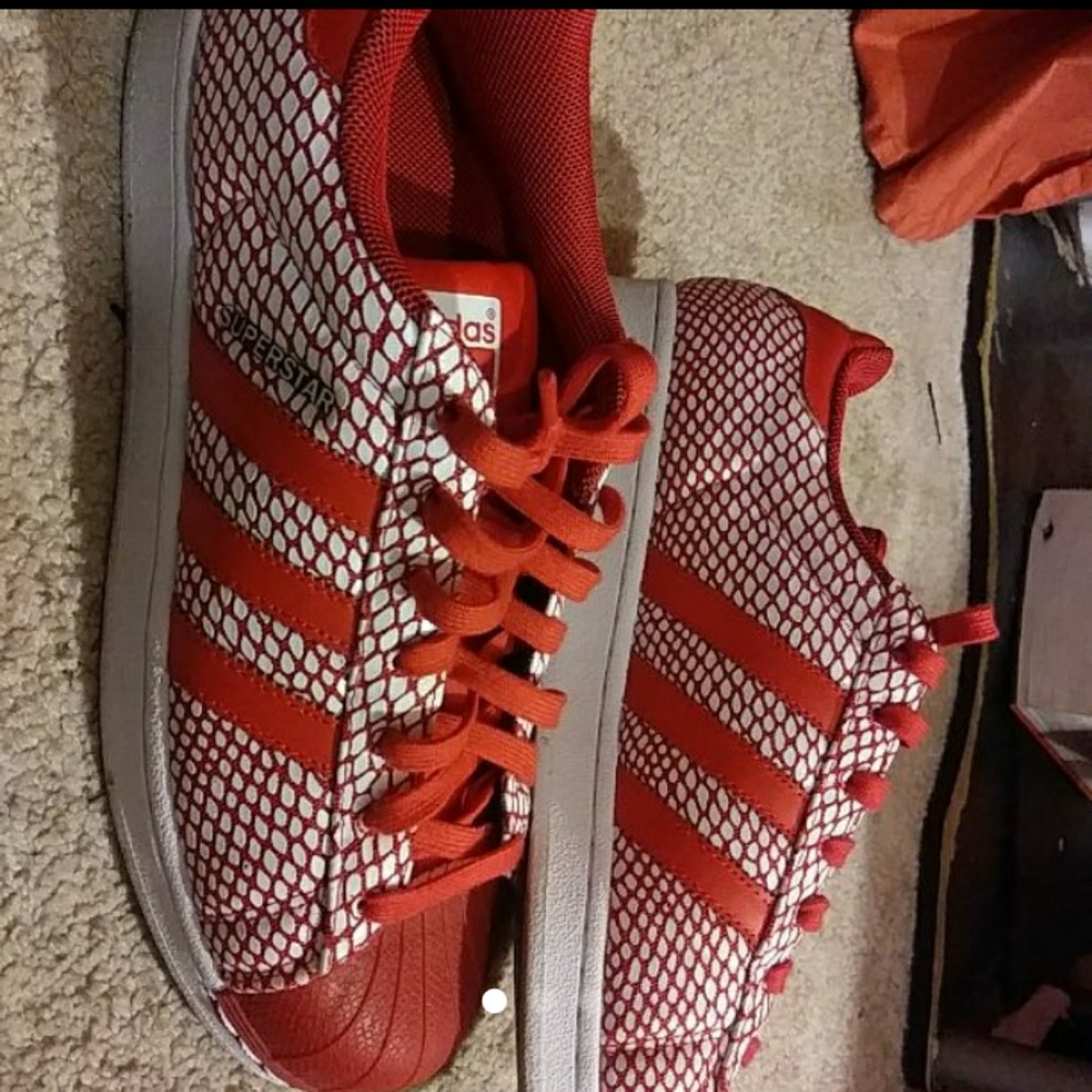 Red and white snakeskin adidas