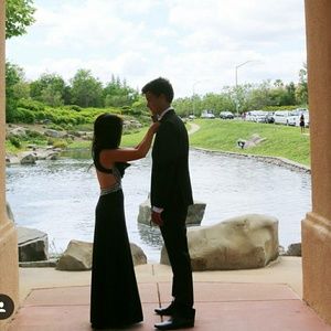 SOLD!! Simple black beaded backless prom dress