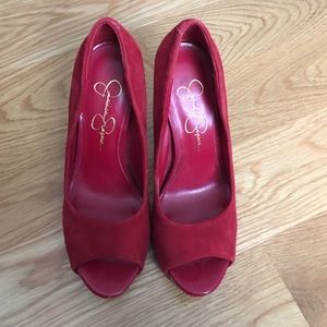 Red Jessica Simpson platform peep toe pumps EUC