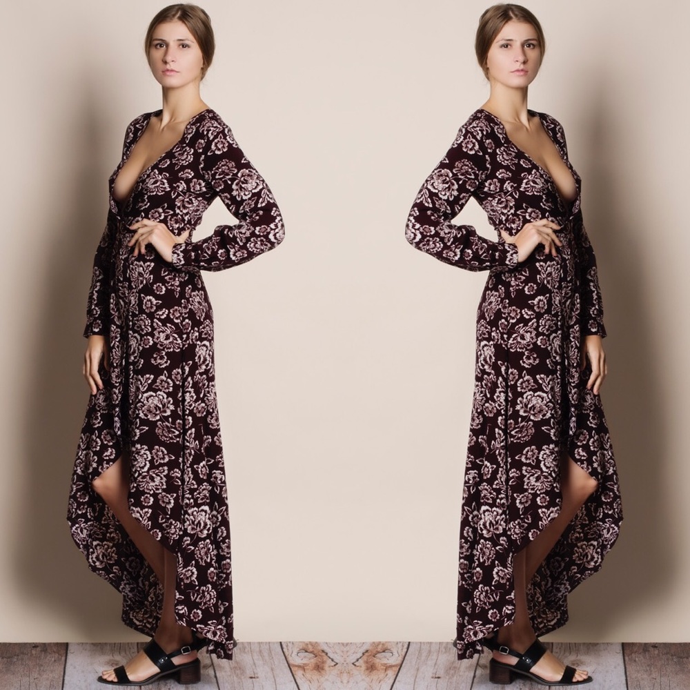Burgundy Floral Print Maxi Dress - Picture 2 of 3