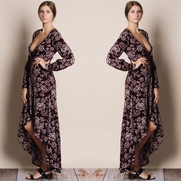 Burgundy Floral Print Maxi Dress - Picture 2 of 3