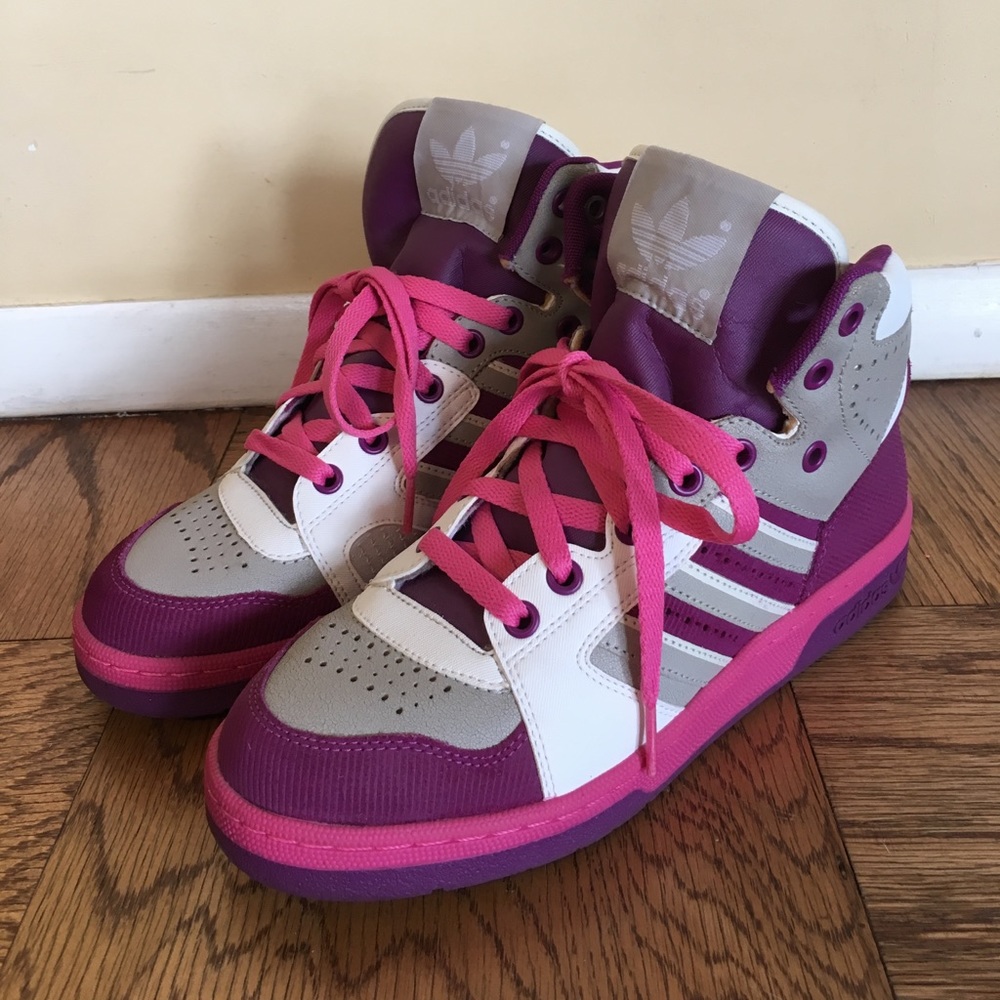 Adidas high tops (pink/purple).