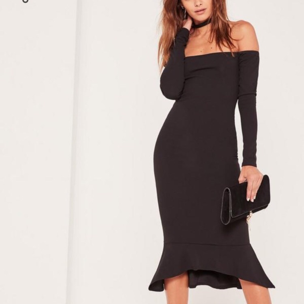 NWT MISSGUIDED black Bardot fishtail hem dress