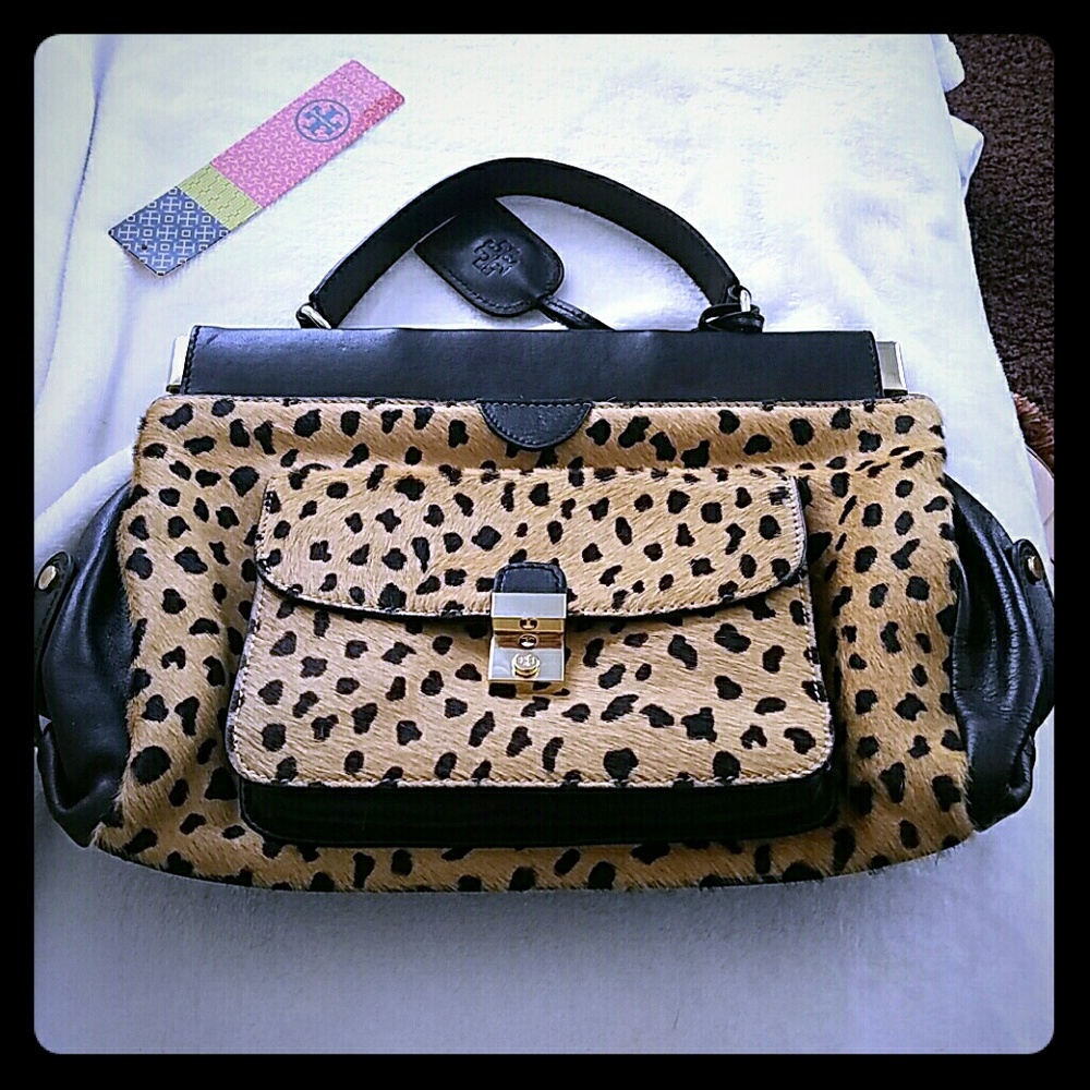 Tory Burch black leather and classic cheetah purse