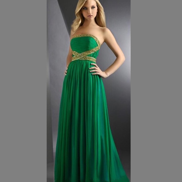 Green Chiffon Long Dress with Gold Beading - Picture 1 of 3