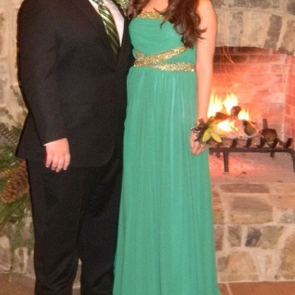 Green Chiffon Long Dress with Gold Beading - Picture 3 of 3