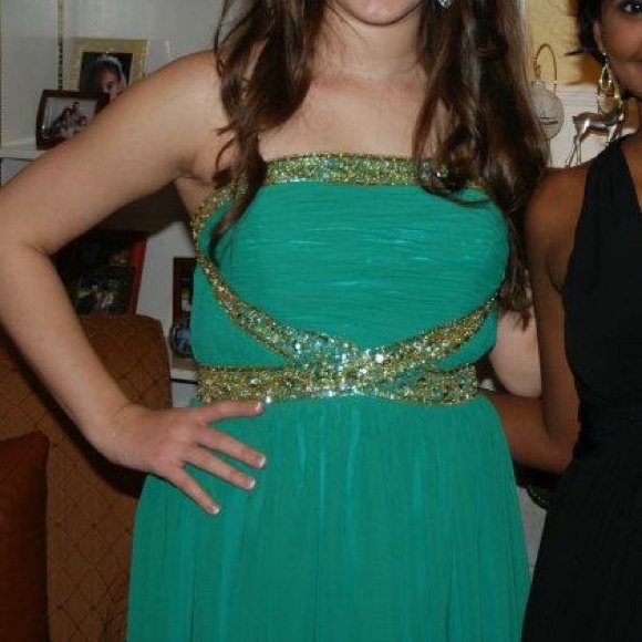 Green Chiffon Long Dress with Gold Beading - Picture 2 of 3